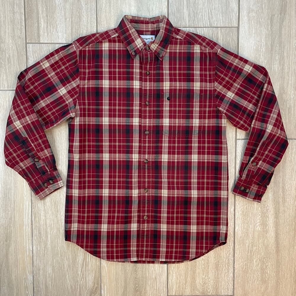 Carhartt Plaid Flannel Shirt Men M Red Button Front Cotton Workwear